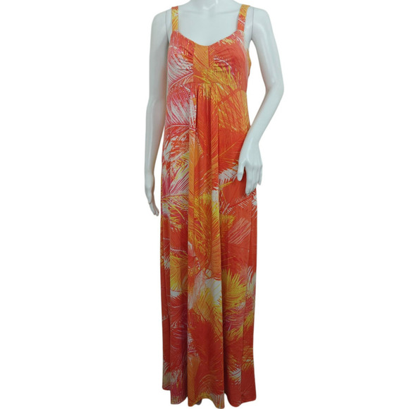 Tori Richard Tropical Maxi Dress Size Medium Orange Stretch Adjustable Aloha - Picture 1 of 7